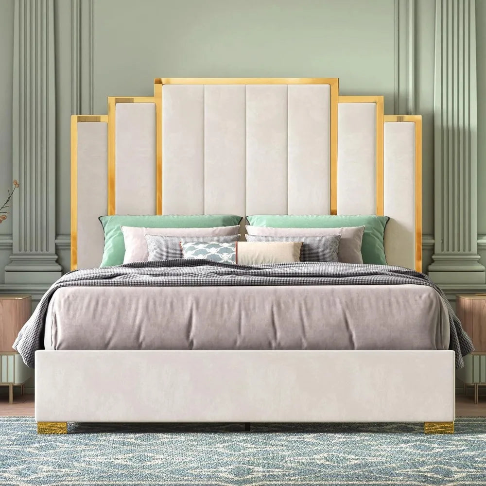Luxe Velvet Bed Frame w/ Gold Accents (Cream)