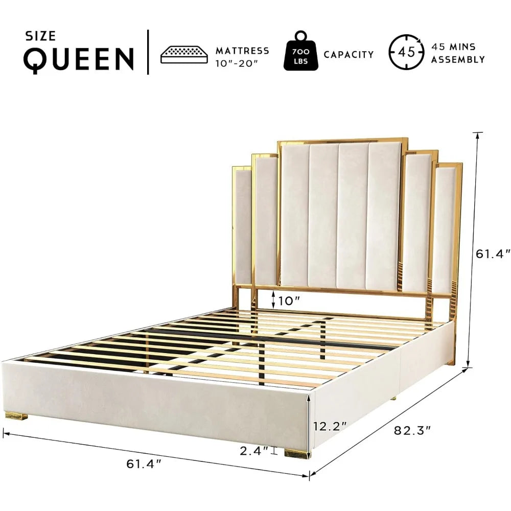Luxe Velvet Bed Frame w/ Gold Accents (Cream)