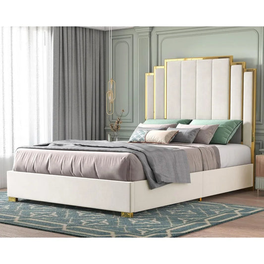 Luxe Velvet Bed Frame w/ Gold Accents (Cream)
